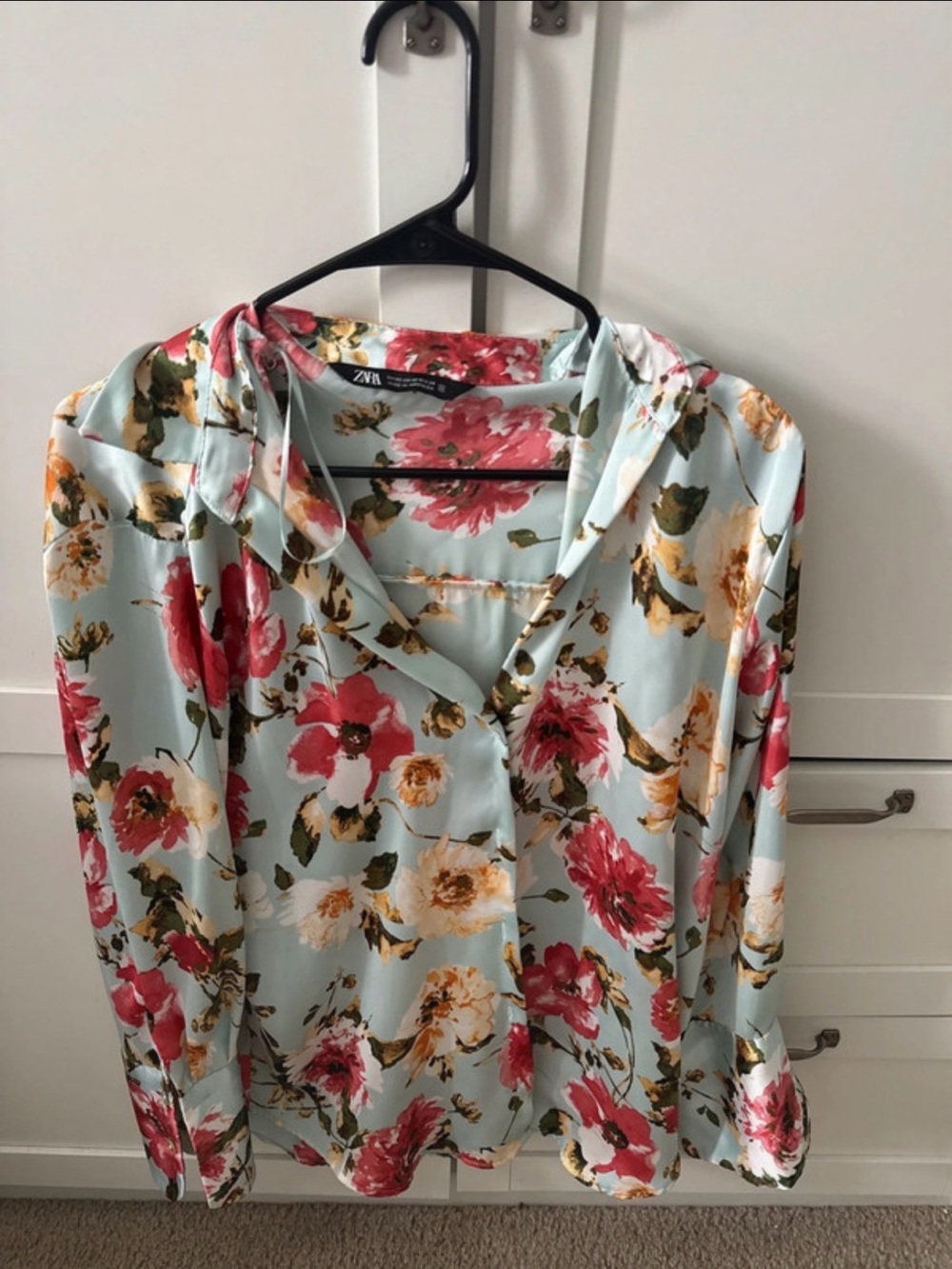 ZARA Pastel Blue Floral Blouse with Coral & Gold Accents